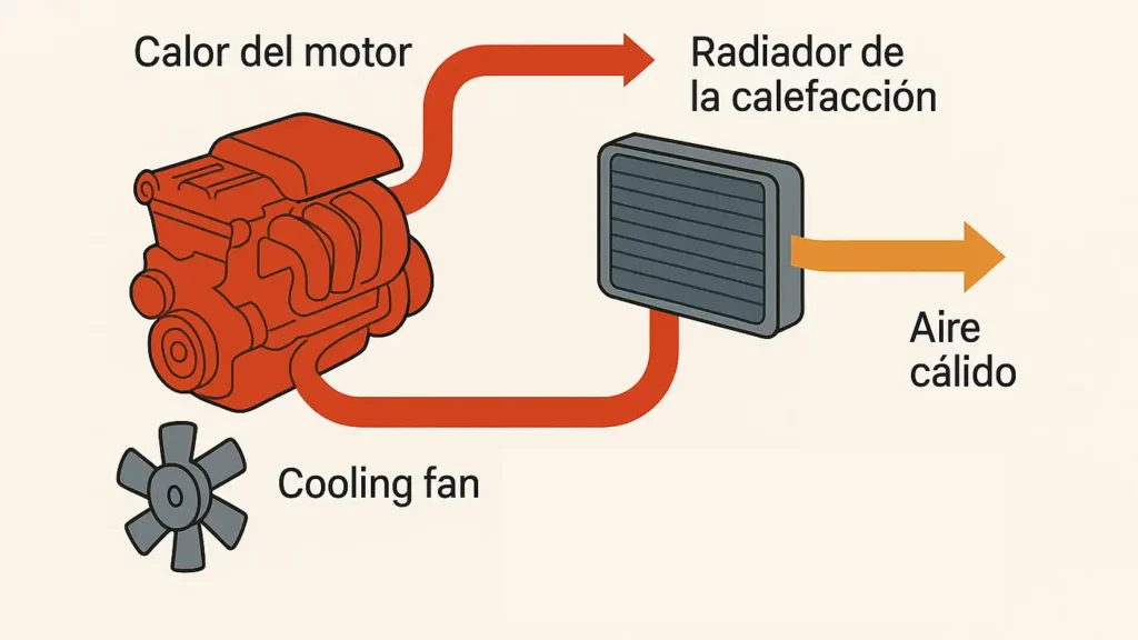 Ilustración que muestra cómo el motor transfiere calor al radiador de la calefacción y cómo se genera aire caliente en el interior del coche.